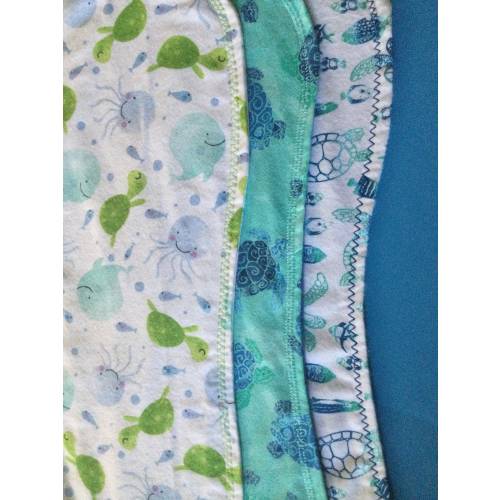 Turtle Burp Cloths - set of 3- flannel, double sided and embroidered. Ships free