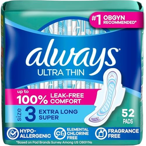 Always Ultra Thin Feminine Pads with Wings for Women, Size 3, Extra Long Super Absorbency, Unscented, Up to 100% Leak-Free Protection, 52 Count