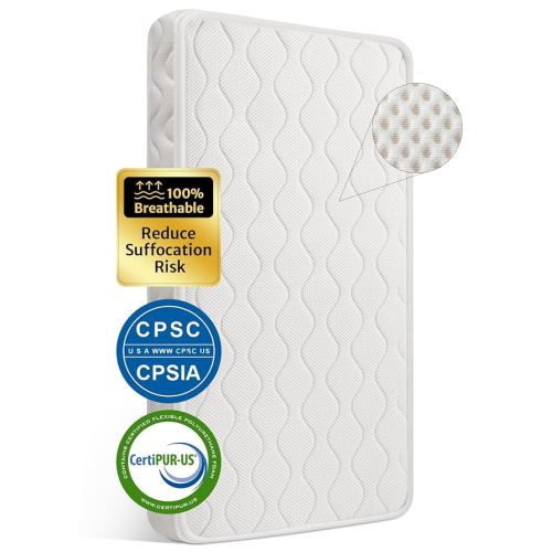 100% Breathable Crib Mattress, Certified Premium Foam Toddler Mattress with Soft Full-Zip Closure Design Cover, Machine Washable, White