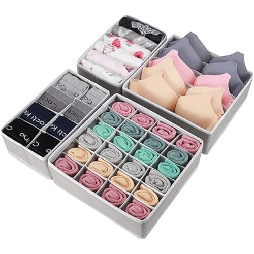 GOGOODA 4 Pcs Underwear Drawer Organizers Divider, Socks Bra Organizer and Storage Boxes for Lingerie, Bra, Undies