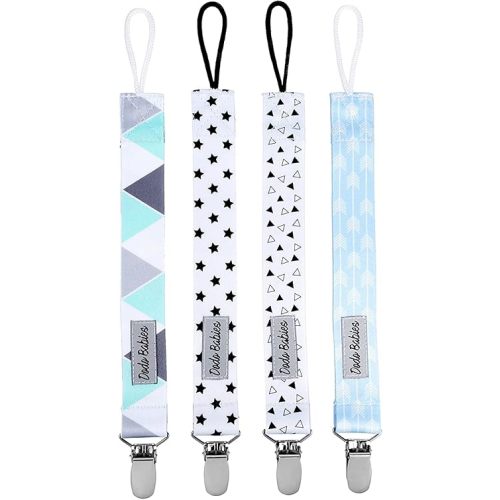 Dodo Babies Pacifier Clip Set - Four Clips Plus Binky Case - Universal Holder Fits Most Paci Brands, Teether Toys and Car Seats - Blue and White Prints for Girls or Boys