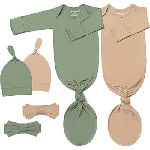 Newborn Baby Knotted Gown, Ultra-Soft Infant Sleeper Coming Home Outfit with Hat, Bowknot (2 Packs)
