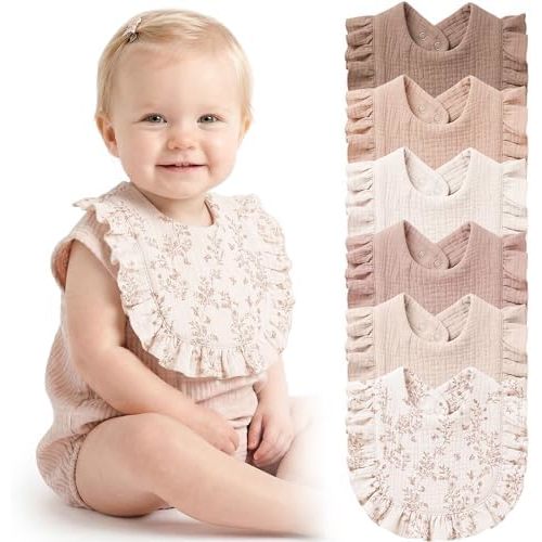 Konssy 6-Pack Muslin Baby Girl Bibs, Absorbent Drool Bibs with Ruffle Trim