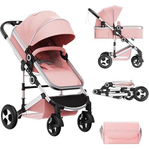 Convertible Baby Stroller, 3 in 1 Folding Infant Stroller, High Landscape Pushchair w/Adjustable Backrest & Canopy, Newborn Bassinet Pram with Foot Cover, Storage Basket, Pink