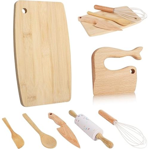 7 Pieces Wooden Kids Knife Children's Safe Knifes and Kids Baking Set for Real Cooking, Toddler Montessori Kitchen Tools for Cutting Veggies Fruits Salad Cake