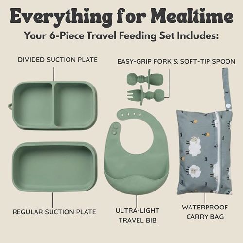 Baby Travel Essentials 6 Pc Silicone Feeding Set - Portable Toddler Plates with Suction, Baby Spoons & Foldable Bib in Carrying Case - BPA-Free Infant & Toddler Utensils for Airplanes & Eating Out