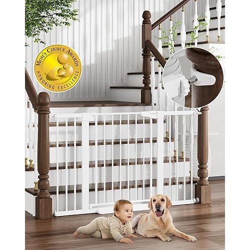 Cumbor 29.7-51.5" Baby Gate Extra Wide, Safety Dog Gate for Stairs, Easy Walk Thru Auto Close Pet Gates for The House, Doorways, Child Gate Includes 4 Wall Cups,White, Mom's Choice Awards Winner