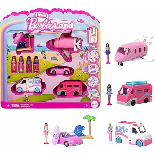 Barbie Mini BarbieLand 4-Pack Doll & Toy Vehicle Set with 4 1 1/2-inch Dolls & 4 Iconic Toy Vehicles with Color-Change Surprise