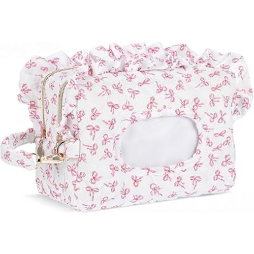 Aliceset Pink Ruffle Bow Diaper and Wipe Pouch Quilted Baby Dispenser Holder Diaper and Tissue Bag Purse Portable Travel Hanging Wet Wipes Bag Diapering Clutch for Car Stroller