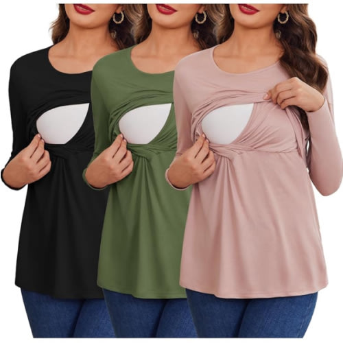 Ekouaer Women 3 Packs Nursing Shirts Long Sleeve Maternity Tops Double Layer Breastfeeding Tees Round Neck Pregnancy Blouse