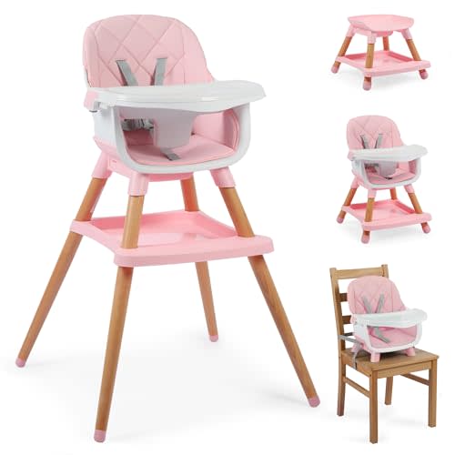 TODEFULL 8 in 1 Wooden High Chairs for Babies Toddlers, Convertible to Booster Seat, Baby Feeding Highchair w/ 5-Point Safety Harness, Removable Tray & Cushion, Pink