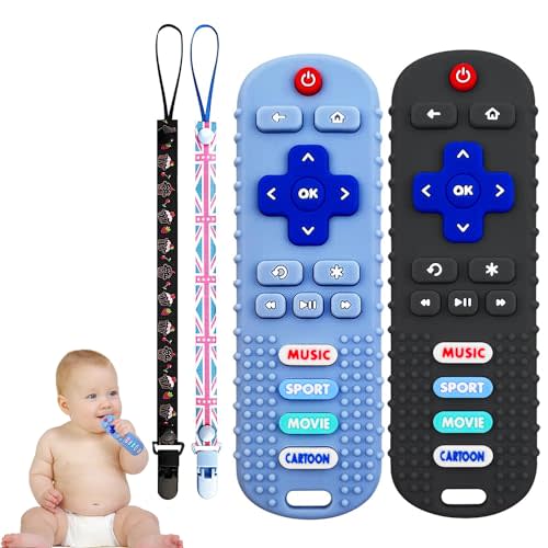 2PCS Baby Cell Phone Toy Infant Teething Sticks, Soft Silicone Baby Remote Control Shape Teethers Toys for Babies 36 Month(Black + Blue)