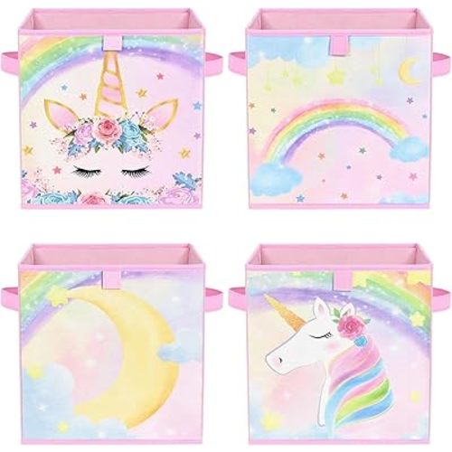 WERNNSAI Cube Storage Bins - 4 Pack Fabric Foldable Storage Cube Organizer for Kids Decorative Storage Baskets with Handles 11" x 11" Home Closet Nursery Room Bedroom (Unicorn)