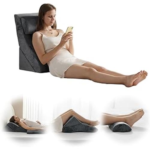 Qirroboni 3PCS Orthopedic Bed Wedge Pillow Set, Adjustable Pillows for Neck Back and Leg Pain Relief Comfortable & Post Surgery Foam- Heartburn Anti Snoring Acid Reflux & GERD Sleeping Charcoal Grey