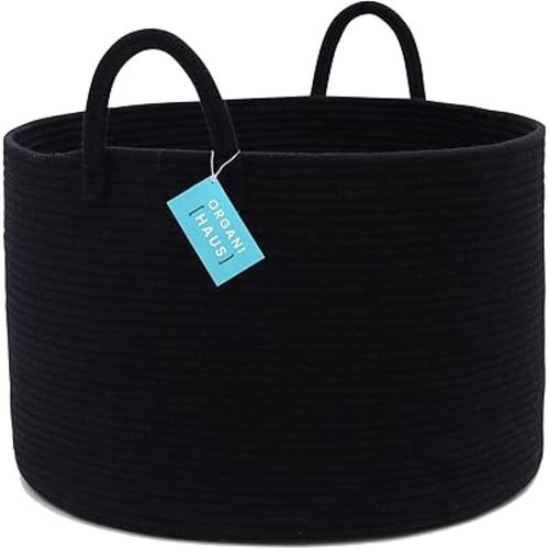 OrganiHaus Black Basket for Storage 20x13, Big Basket for Blankets for Living Room, Round Laundry Basket & Blanket Holder for Bedroom, Boho Blanket Basket, Pillow Basket & Toy Basket