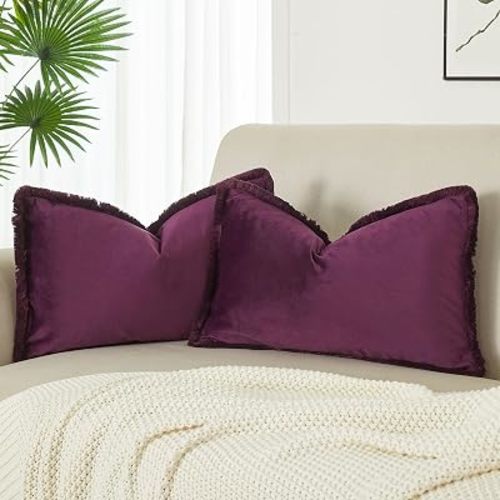 JUSPURBET Eggplant Decorative Lumbar Velvet Fringe Throw Pillow Covers 12x20 Set of 2 Boho Soft Cushion Case for Home Decor Living Room Couch Sofa Bed