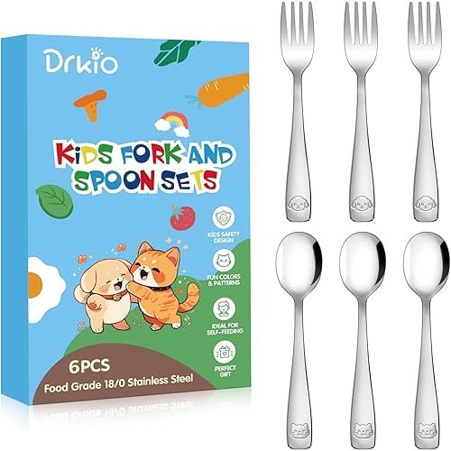 DRKIO Stainless Steel Toddler Utensils Set - 6 Pieces Kids Silverware Set Children Safe Food Grade Small Forks and Spoons Dishwasher Safe Mirror Polished