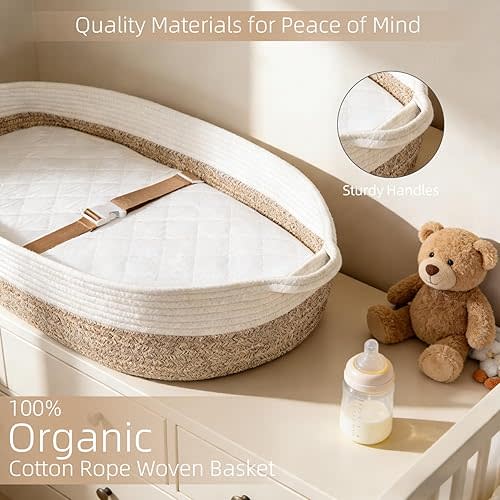 Baby Changing Basket with Diaper Changing Pad, Breathable & Waterproof Dual-Cover Foldable Portable Travel Cotton Rope Baby Changing Mat for Dresser & Table Gift for Baby Shower