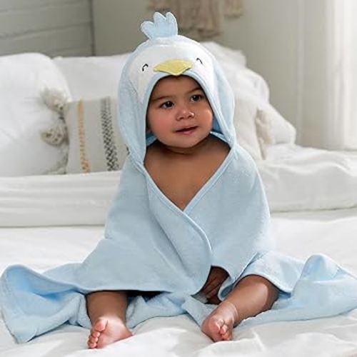 Gerber Baby 4 Piece Animal Character Hooded Towel and Washcloth Set, Blue Penguin, One Size