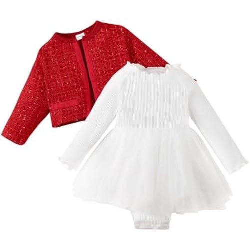 Newborn Baby Girl Clothes 2Pcs Long Sleeve Top Plaid Tweed Cardigan and Romper Dress Set Infant Girls Spring Fall Outfit