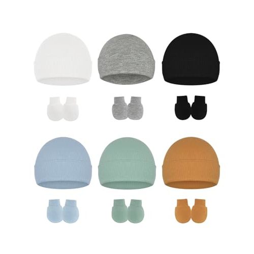 ZURLEFY Stretchy Baby Hats and Mittens, Ribbed Neutral Newborn No Scratch Gloves Beanie Hospital Hat Set for Girls Boys