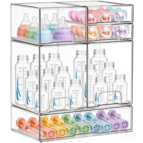 Baby Bottle Organizer 5 Pack Baby Bottle Storage Organizer Clear Bottles Station Acrylic Stackable Container Drawers Bins for Pacifiers,Nipples,Pump Parts for Countertop,Cabinet,Bathroom,Vanity