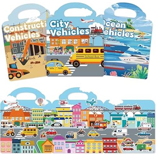 Reusable Sticker Book for Kids 2-4, 3 Sets Fun Travel Stickers for Kid, Toddler Toys Age 2-4, Cute Waterproof Stickers for Teens Girls Boys (City, Construction, Ocean)