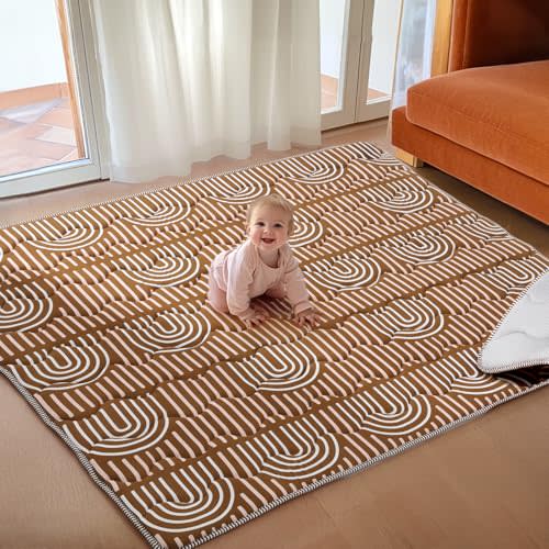 Soft Thicker Baby Mat for Floor 71"x59", Extra Large Baby Play Mat, Non-Slip Playpen Mat, Easy to Clean & Portable Playmat, Crawling Mat for Babies Toddlers, Activity Mat, Rainbow, Brown