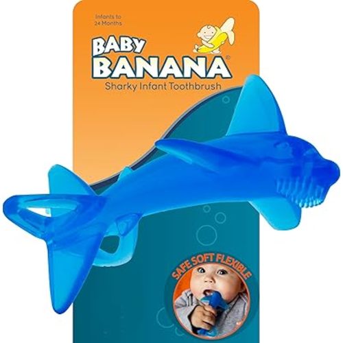 The Original Baby Banana Sharky Toothbrush Teether Toy, Made in USA, Family-Owned Business; Teething Relief for Babies, Infants, Toddlers, Massaging Soothing; Flexible Blue Silicone