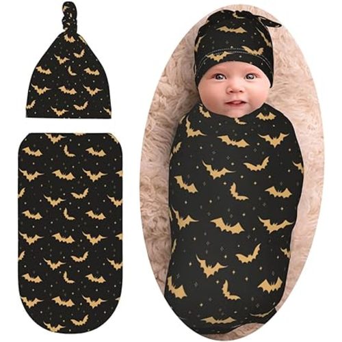Halloween Bat Swaddle Blanket with Beanie Set, Goth Gothic Baby Stuff Swaddle Sack Newborn Sleeping Sacks for Girls Boys