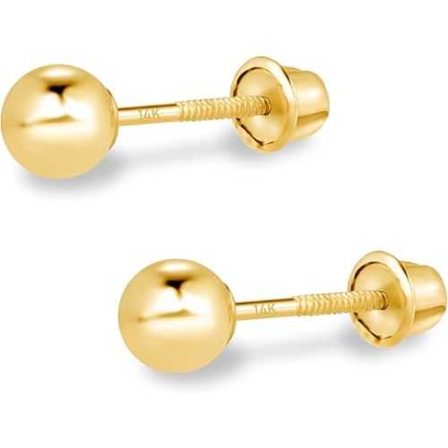 14k Real Gold Ball Stud Earrings for Women & Men (2mm-8mm Diameter) - Real 14k Gold, Secure Screw Back Design