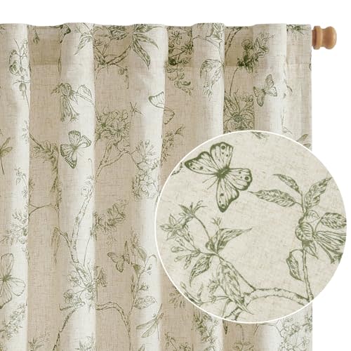 Lazzzy Green Floral Linen Farmhouse Curtains 84 Inch Long Back Tab Drapes for Living Room Bedroom Light Filtering Vintage Rod Pocket, 2 Panels, Green on Beige