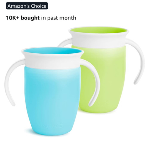 Munchkin Sippy Cup for 6 Month Old and Up, Spill Proof Miracle 360 Toddler Cups with Transition Handles, 7 Ounce, 2 Pack, Blue/Green