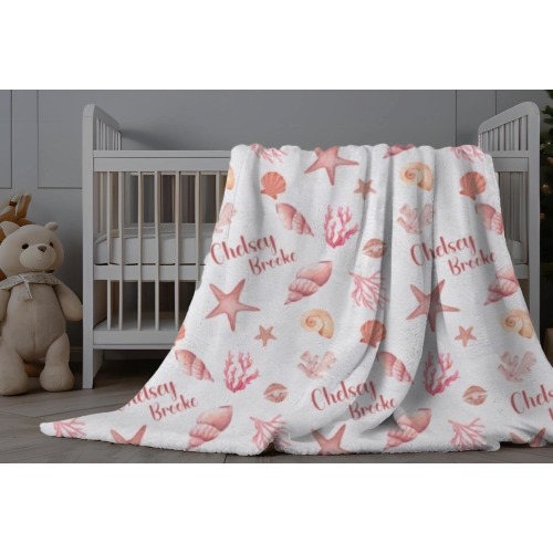 Custom Seashells Blanket, Personalized Ocean Swaddle, Seashell Swaddle with Name, Blanket with Shells and Coral, Beach Theme Baby Blanket