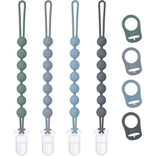 4-Pack Silicone Pacifier Clip with Adapter Ring Fits MAM Dummy, Soft Flexible Binky Holder for Button-Style Maam Dummies, Anti-Loss Paci Clips for Baby Boys, Xmas Gifts Baby Shower Essentials