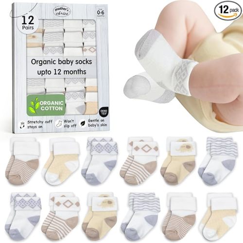 Mother's Choice Baby Socks 0-6 Months 12 Pairs Organic Cotton Blend Newborn Socks for Boys Stay-On Stretch Infant Socks OEKO-TEX Certified Baby Gift