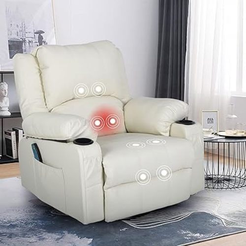 White Recliner Rocker Chairs with Heat,Massage Chair Recliner Leather Swivel Recliners for Living Room, Manual Reclining Lounge Chairs Overstuffed Single Sofa Chair for Adults