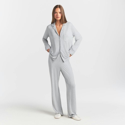 SKIMS SLEEP LONG SLEEVE BUTTON UP SET | LIGHT HEATHER GREY | SKIMS