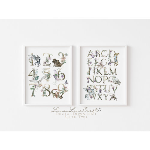 Set of 2 Magical Beast Alphabet & Number Chart | Floral Watercolor Printable Nursery Wall Art | Wizarding Magic School | Digital Download