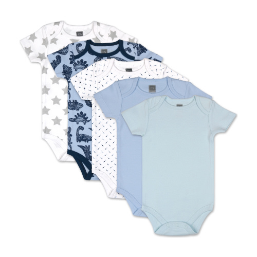 The Peanutshell Baby Boy Short Sleeve Bodysuits, 5 Pack, Blue Dinosaurs