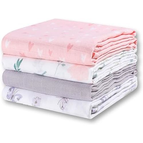 Little Grape Land Muslin Swaddle Blankets Boys and Girls, 100% Cotton 4 Pack Muslin Baby Blanket Large Breathable Newborn Receiving Blanket, Cotton Swaddle Blankets Unisex 47''x47'', Butterfly&Bunny