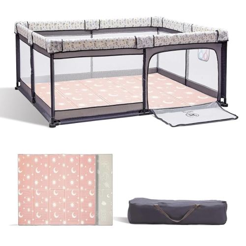 Baby Playpen with a Mat, 50"x50" Large Playpen for Babies and Toddlers, Small Baby Play Pens, Indoor & Outdoor Kids Activity Center, Play Yard for Toddler with Gate (Squirrel with Mat 50 * 50)