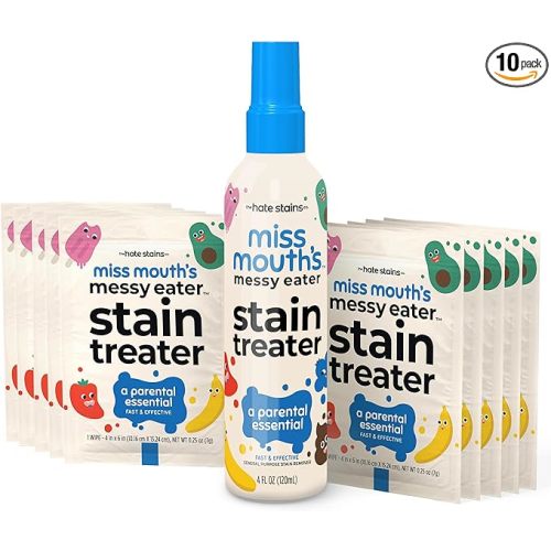 Miss Mouth's Messy Eater Stain Treater Spray - 4oz & 10 Wipes Stain Remover - Newborn & Baby Essentials - No Dry Cleaning Food, Grease, Coffee Off Laundry, Underwear, Fabric
