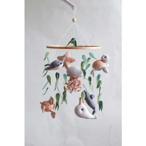 Ocean baby mobile. Nautical baby mobile. Ocean baby mobile with Narwhal, Jellyfish, Turtle, Stingray fish, Shark, Starfish and Puffer fish