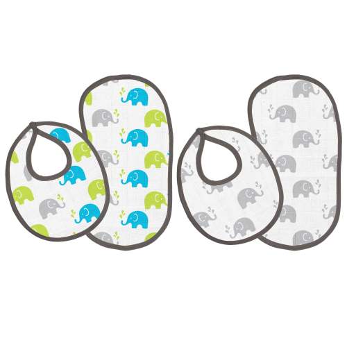 Bacati - Muslin 4 pack Bibs/Burp Cloths Elephants Aqua Lime Gray