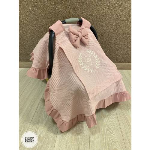 Car Seat Canopy Cover Baby Girl Blush Waffle Pique with Peekaboo Mesh Window, Personalized Carseat Cover