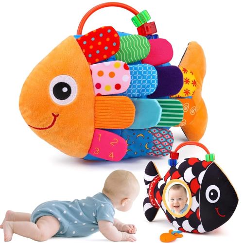 Baby Sensory Tummy Time Toys 0-6 Months Music Fish Toy for Newborn 3 4 5 6 Month Black and White High Contrast Infant Toys with Mirror Crinkle Rattle for 0-3 3-6 Months Old Baby Boy Girl Shower Gifts