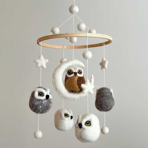 Owl Baby Mobile, Woodland Crib Mobile, Baby Shower's Gift, Needle Felted Owl, Forest Theme Nursery Decor, Snowy Owl
