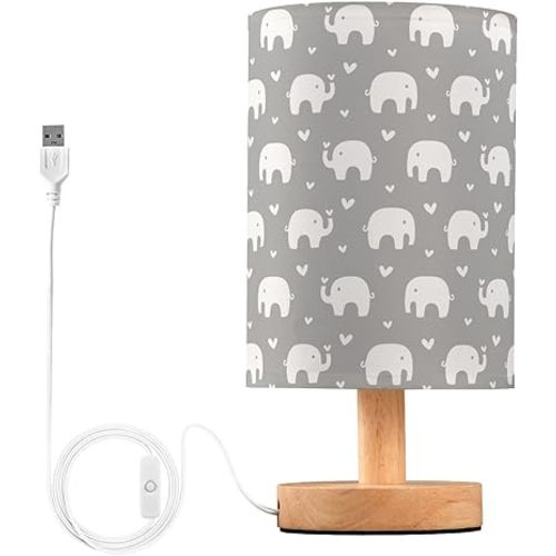 SPRIPORT Elephants Bedside Table Lamp for Bedroom Nightstand Lamp with Wood Base & Round Flaxen Fabric Shade Living Room Lamps for Reading Working Living Room Dorm Home Office