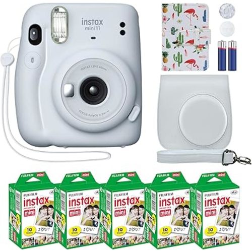 Fujifilm Instax Mini 11 Instant Camera Ice White + MiniMate Accessory Bundle & Compatible Custom Case + Fuji Instax Film Value Pack (50 Sheets) Flamingo Designer Photo Album